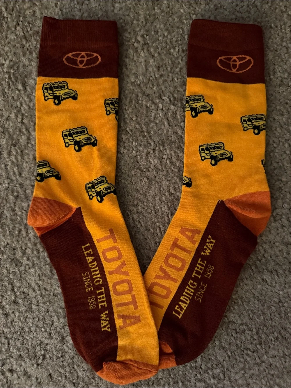 Toyota Men’s Crew Socks in Yellow and Brown with Off-Road Truck Motif